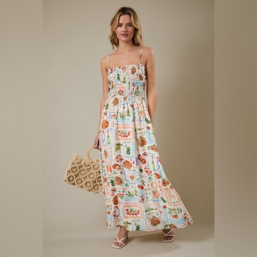 Italian Market Illustration Print Smocked Maxi Dress - Sunday Edition - Picture 1 of 6